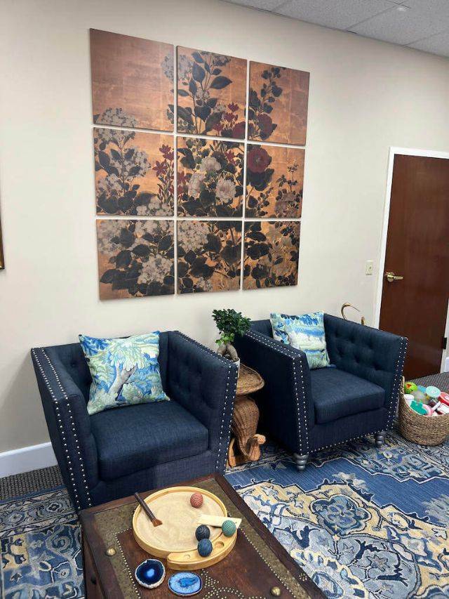 Blue chairs in therapy office