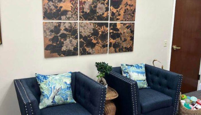 Blue chairs in therapy office