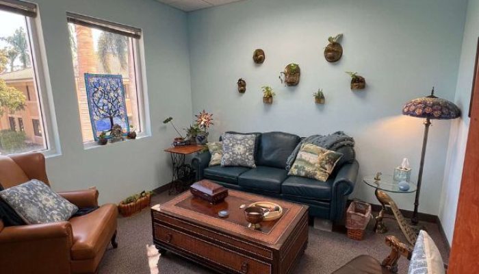Image of a therapist office in Marting County with blue couch, brown chairs, and wooden dresser.